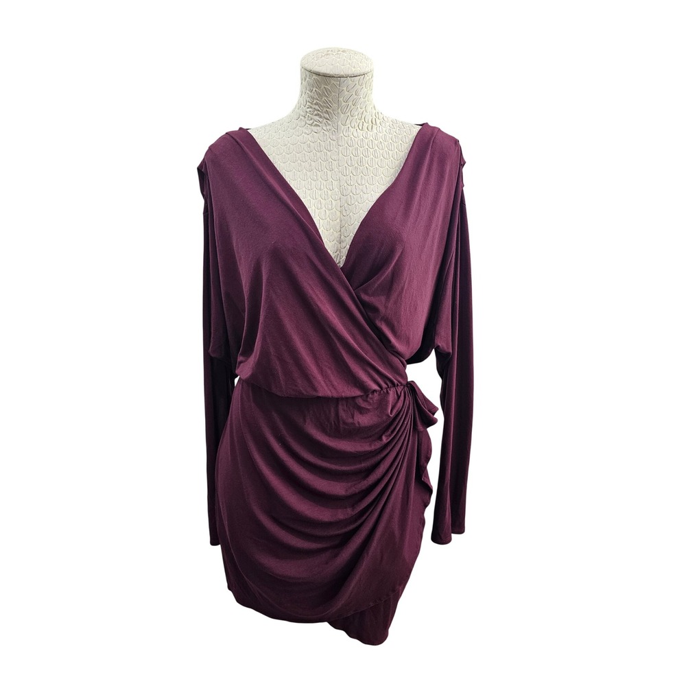 Three Dots Wrap Dress Womens XL Burgundy Long Sleeve Ruched Draped Mini V-Neck